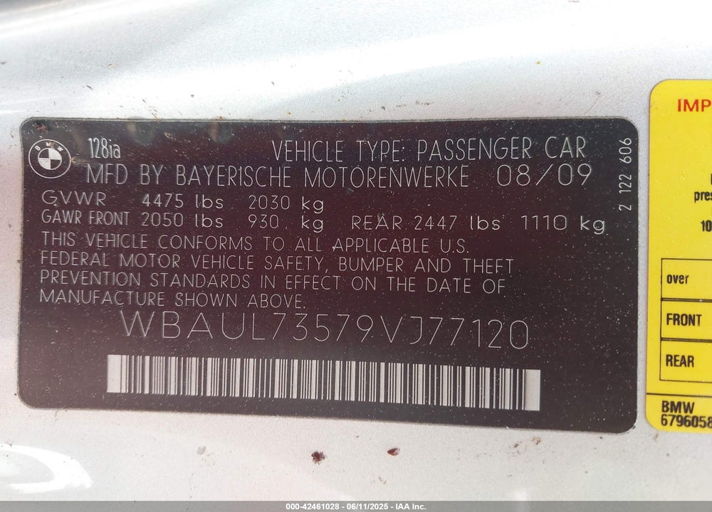 2009 BMW 128I VIN: WBAUL73579VJ77120