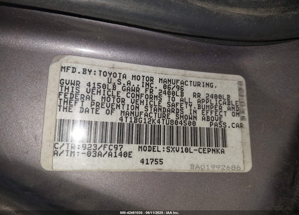 1996 TOYOTA CAMRY DX/LE/XLE VIN: 4T1BG12K4TU804500