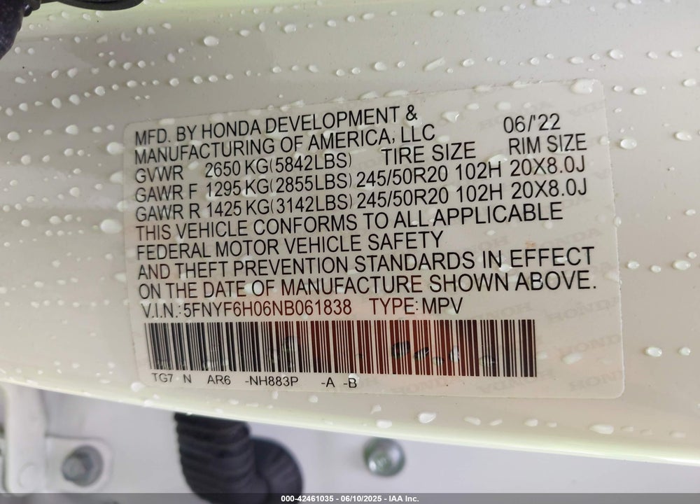 2022 HONDA PILOT AWD ELITE VIN: 5FNYF6H06NB061838