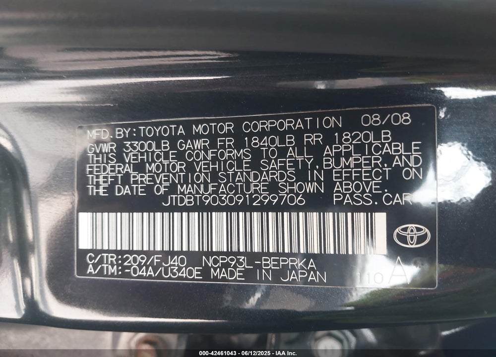 2009 TOYOTA YARIS VIN: JTDBT903091299706