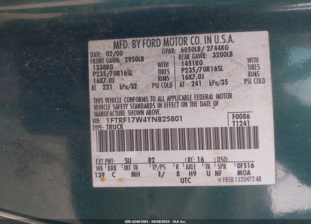 2000 FORD F-150 WORK SERIES/XL/XLT VIN: 1FTRF17W4YNB25801