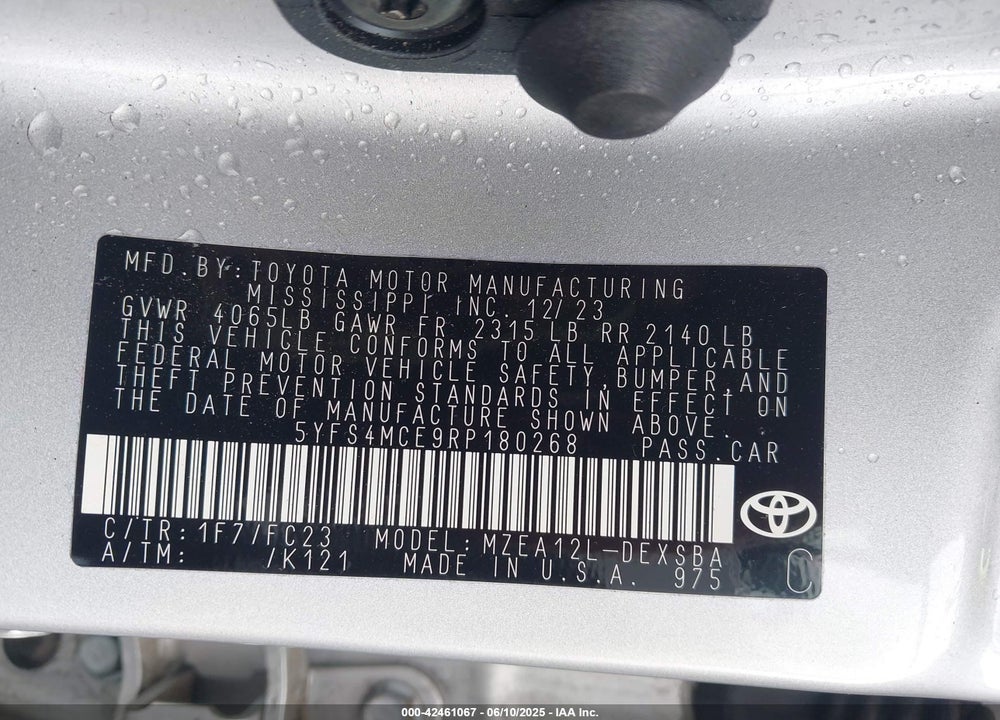 2024 TOYOTA COROLLA VIN: 5YFS4MCE9RP180268