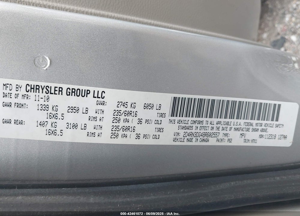 2011 DODGE GRAND CARAVAN MAINSTREET VIN: 2D4RN3DG4BR602557