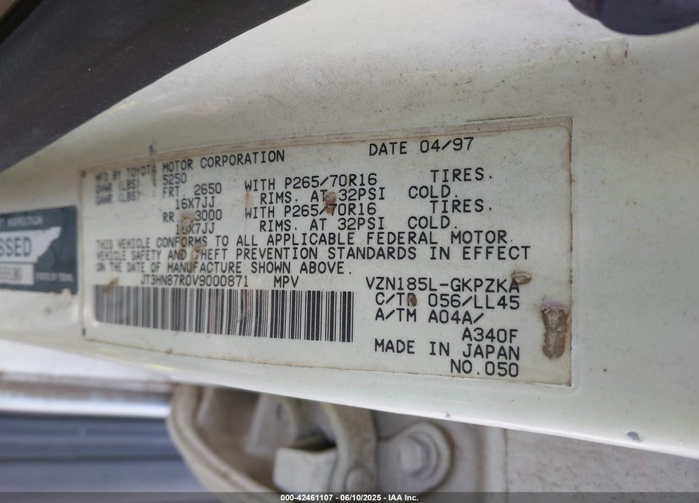 1997 TOYOTA 4RUNNER SR5 V6 LIMITED VIN: JT3HN87R0V9000871