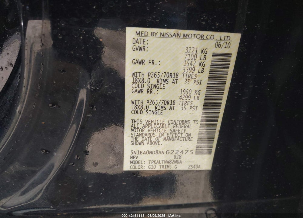 2010 NISSAN ARMADA VIN: 5N1BA0ND8AN622475