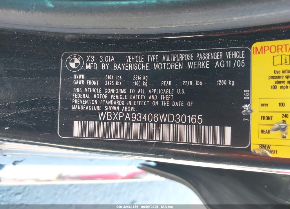 2006 BMW X3 VIN: WBXPA93406WD30165