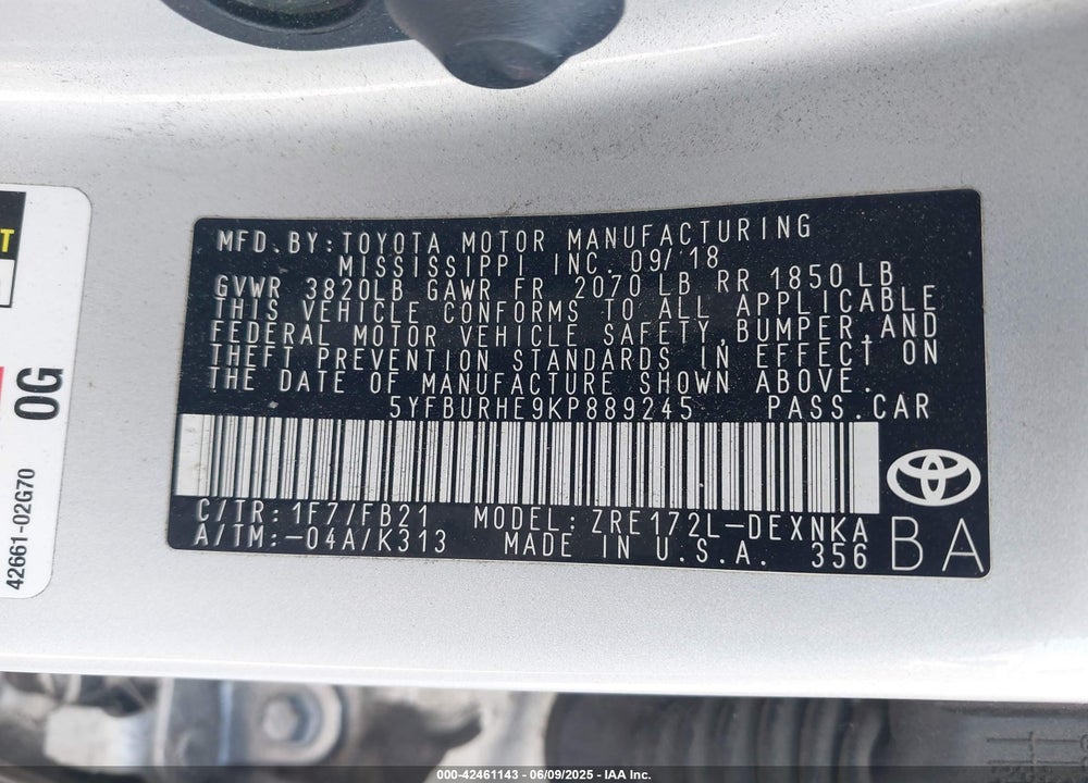 2019 TOYOTA COROLLA VIN: 5YFBURHE9KP889245
