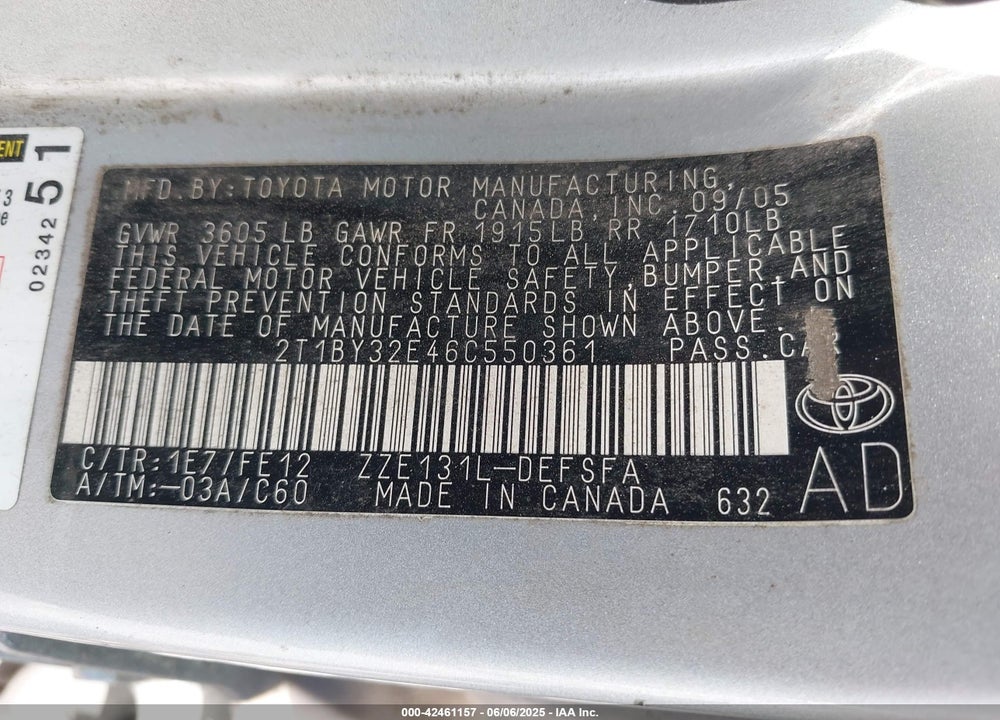 2006 TOYOTA COROLLA VIN: 2T1BY32E46C550361