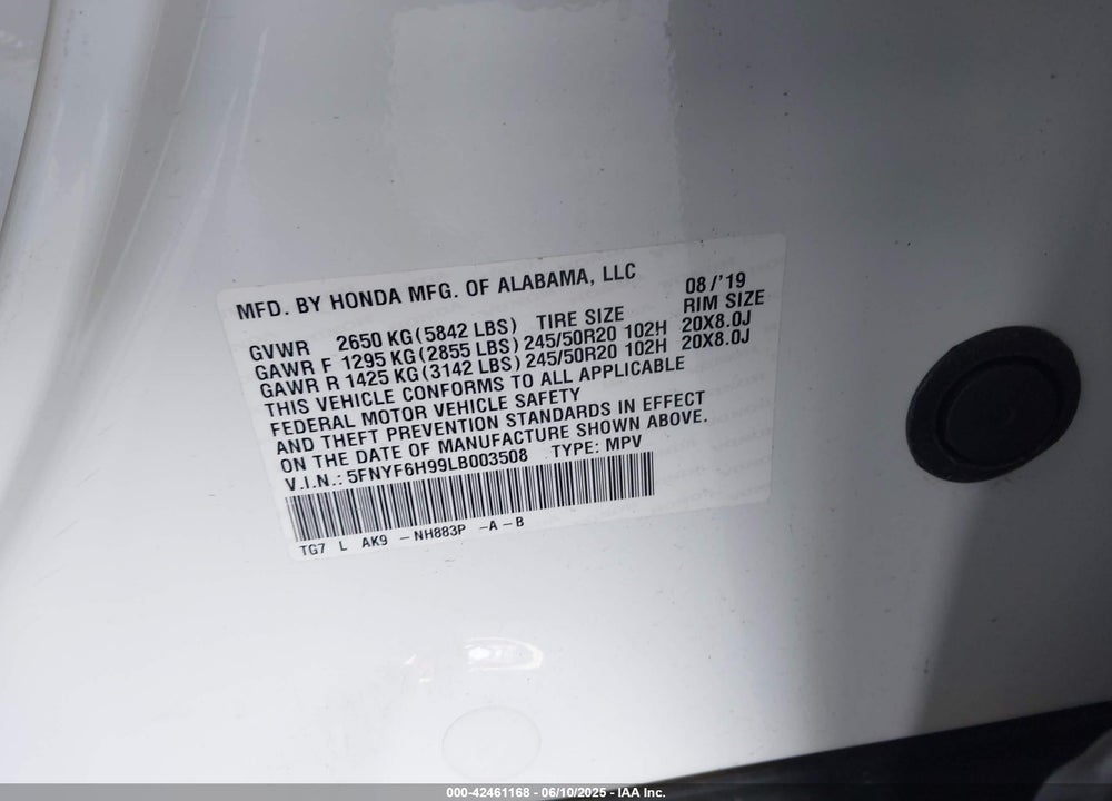 2020 HONDA PILOT VIN: 5FNYF6H99LB003508