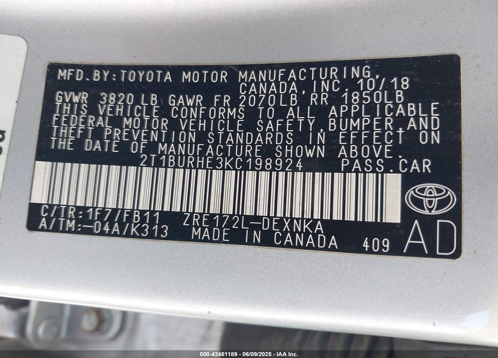 2019 TOYOTA COROLLA VIN: 2T1BURHE3KC198924