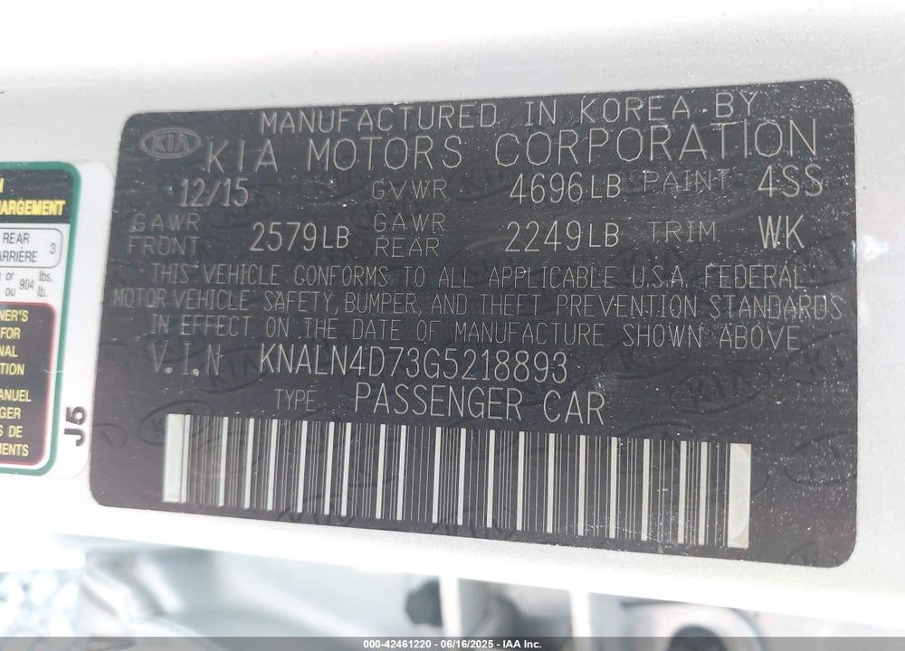 2016 KIA CADENZA PREMIUM VIN: KNALN4D73G5218893