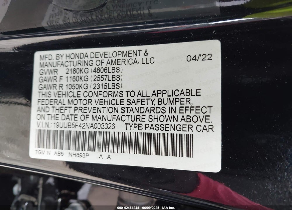 2022 ACURA TLX VIN: 19UUB5F42NA003326