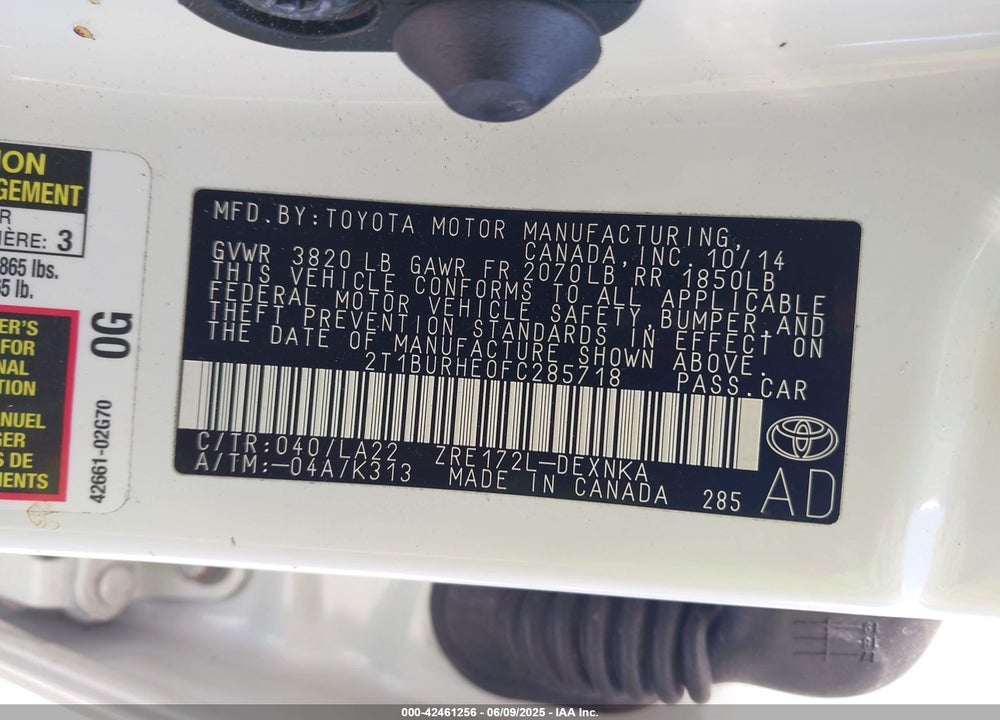 2015 TOYOTA COROLLA LE PREMIUM VIN: 2T1BURHE0FC285718