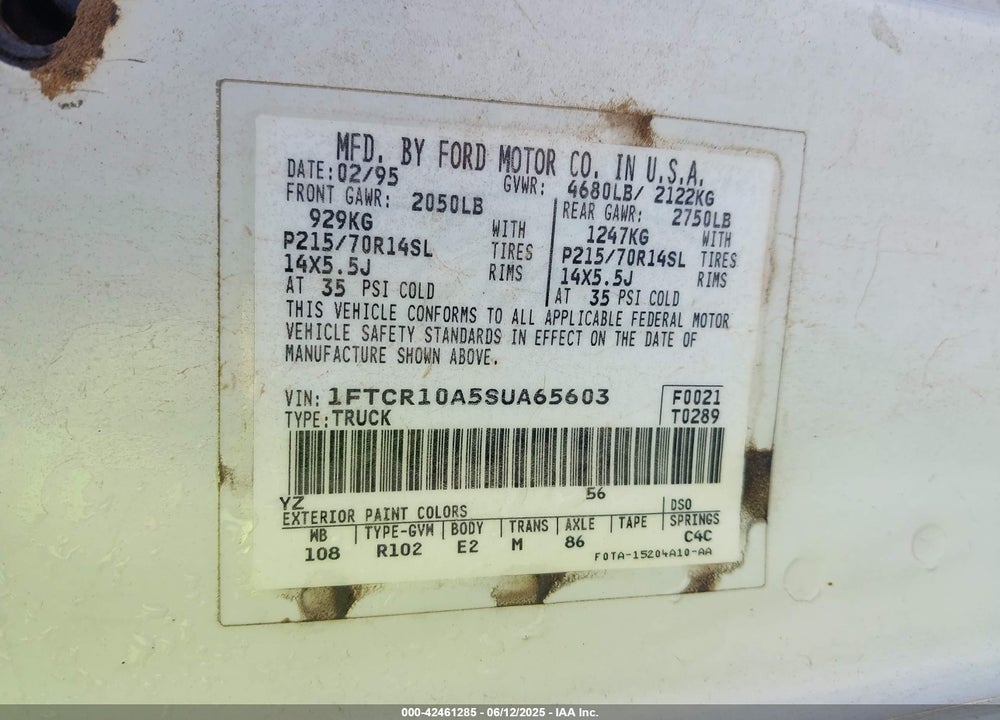 1995 FORD RANGER VIN: 1FTCR10A5SUA65603