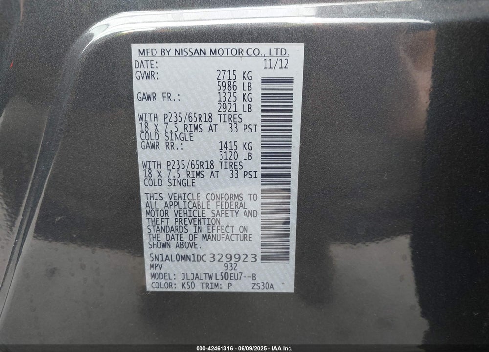 2013 INFINITI JX35 VIN: 5N1AL0MN1DC329923
