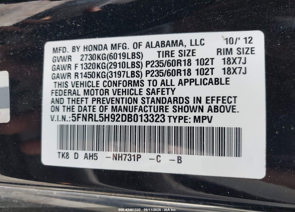 2013 HONDA ODYSSEY TOURING/TOURING ELITE VIN: 5FNRL5H92DB013323