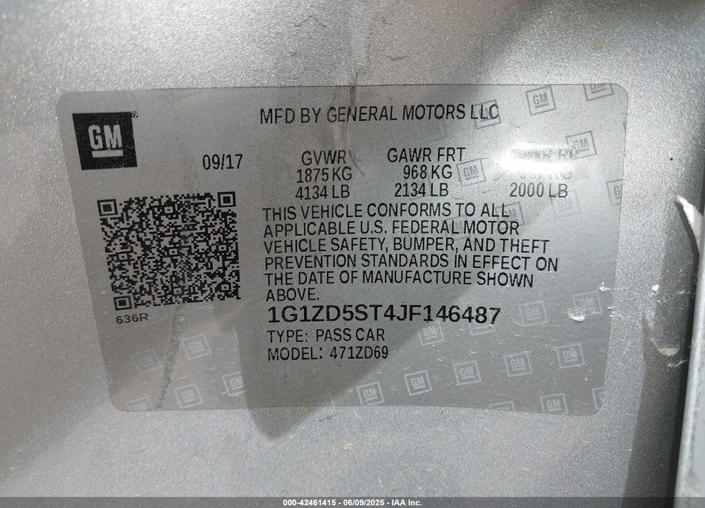 2018 CHEVROLET MALIBU VIN: 1G1ZD5ST4JF146487