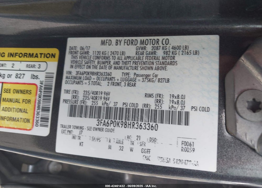 2017 FORD FUSION VIN: 3FA6P0K98HR363360