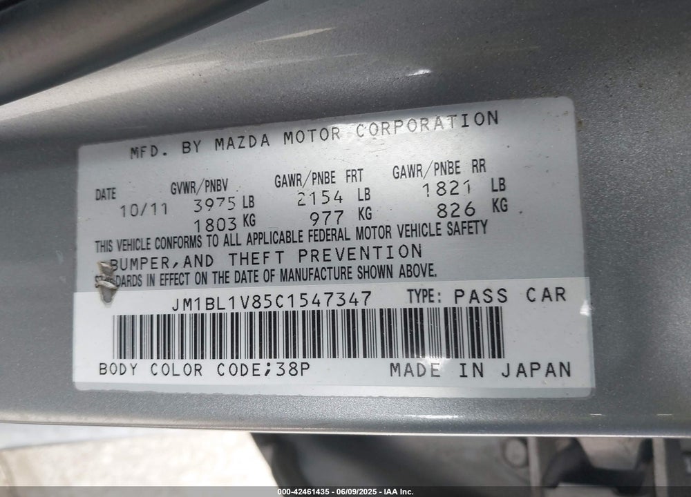 2012 MAZDA MAZDA3 VIN: JM1BL1V85C1547347