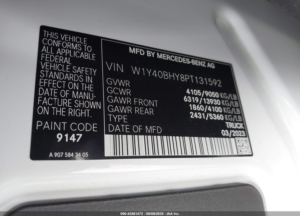 2023 MERCEDES-BENZ SPRINTER 2500 STANDARD ROOF 4-CYL GAS VIN: W1Y40BHY8PT131592