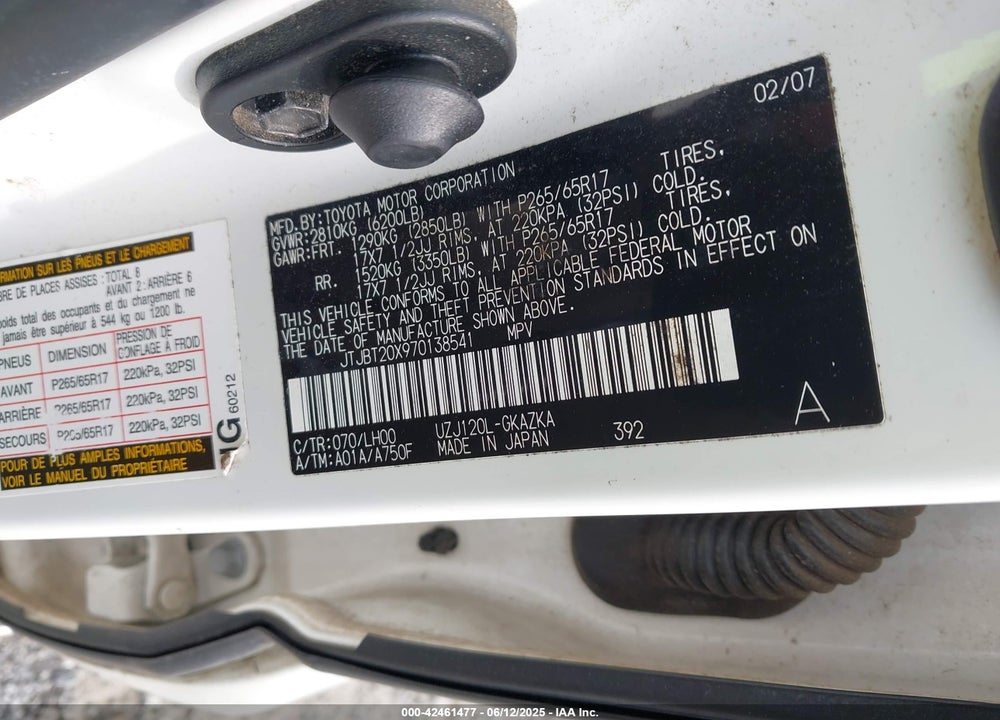 2007 LEXUS GX 470 VIN: JTJBT20X970138541