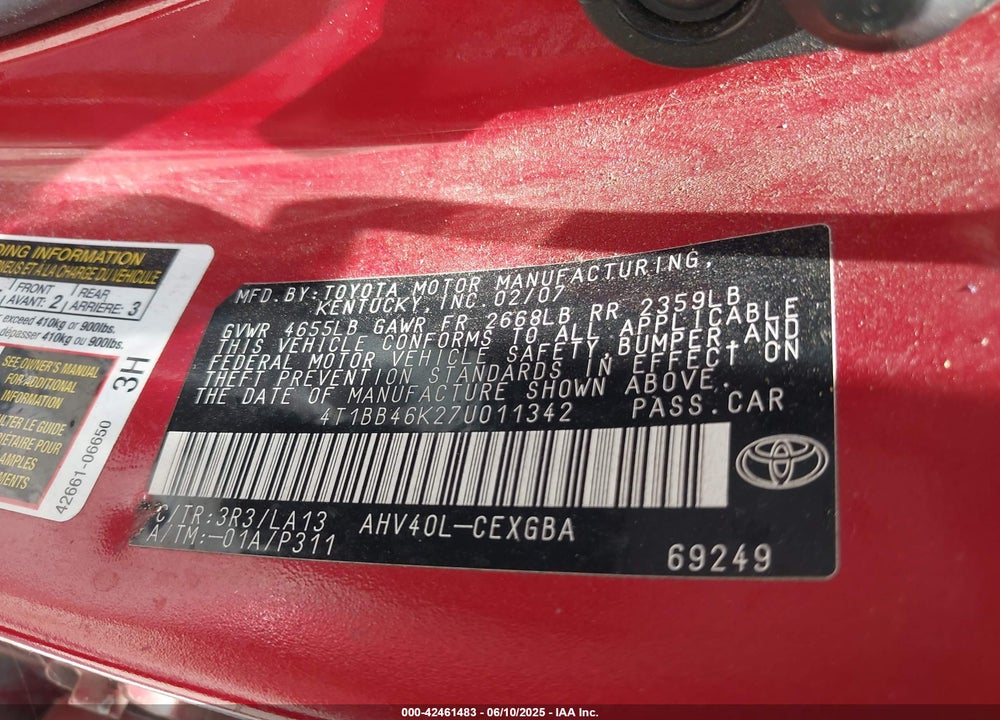 2007 TOYOTA CAMRY HYBRID VIN: 4T1BB46K27U011342