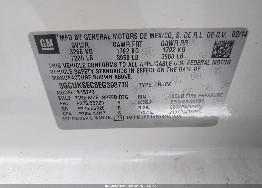 2014 CHEVROLET SILVERADO 1500 VIN: 3GCUKSEC8EG398779