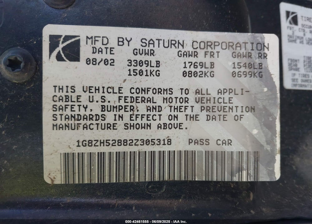 2002 SATURN S-SERIES SL1 VIN: 1G8ZH52882Z305318