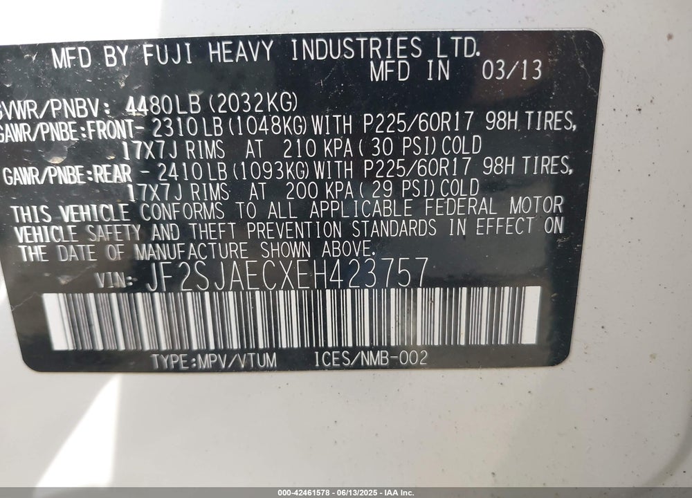 2014 SUBARU FORESTER VIN: JF2SJAECXEH423757