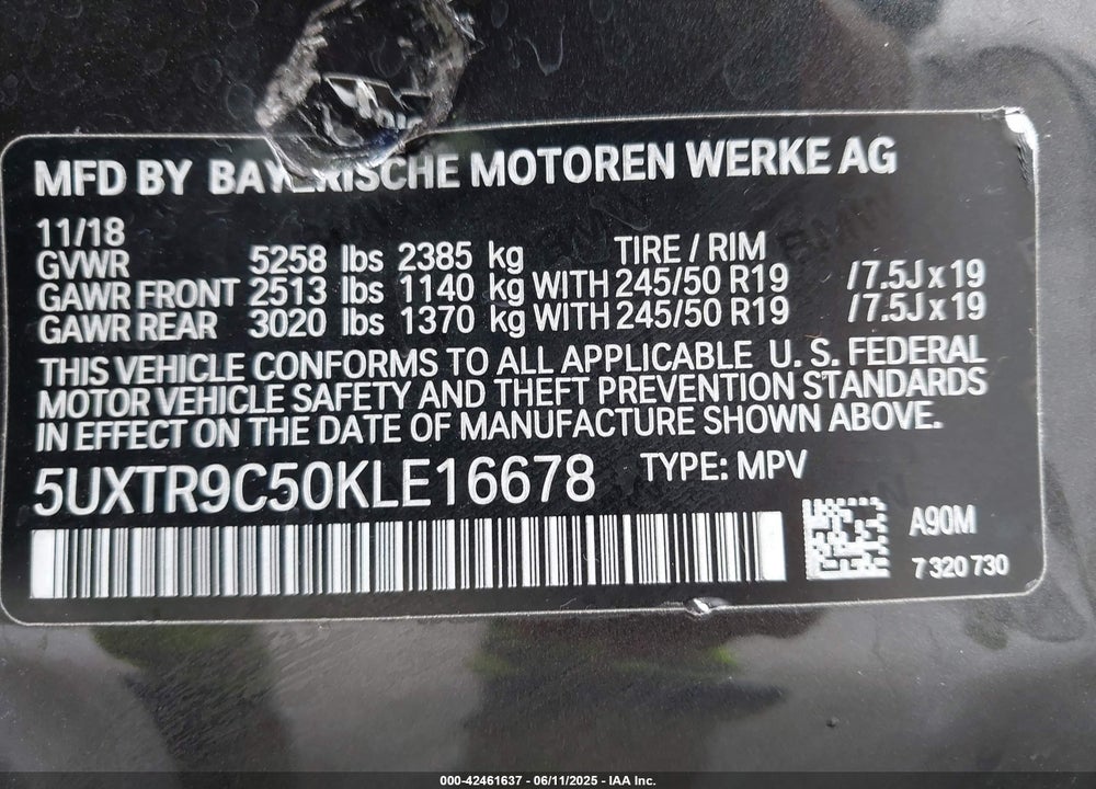 2019 BMW X3 VIN: 5UXTR9C50KLE16678