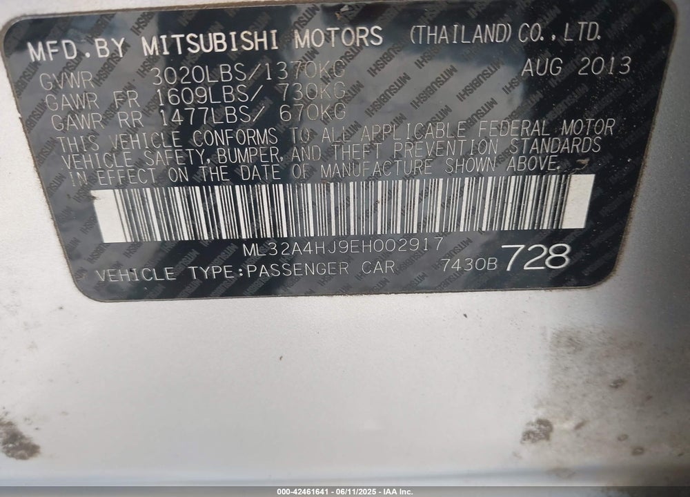 2014 MITSUBISHI MIRAGE VIN: ML32A4HJ9EH002917