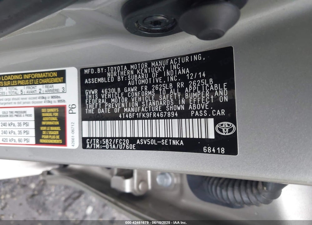 2015 TOYOTA CAMRY VIN: 4T4BF1FK9FR467894