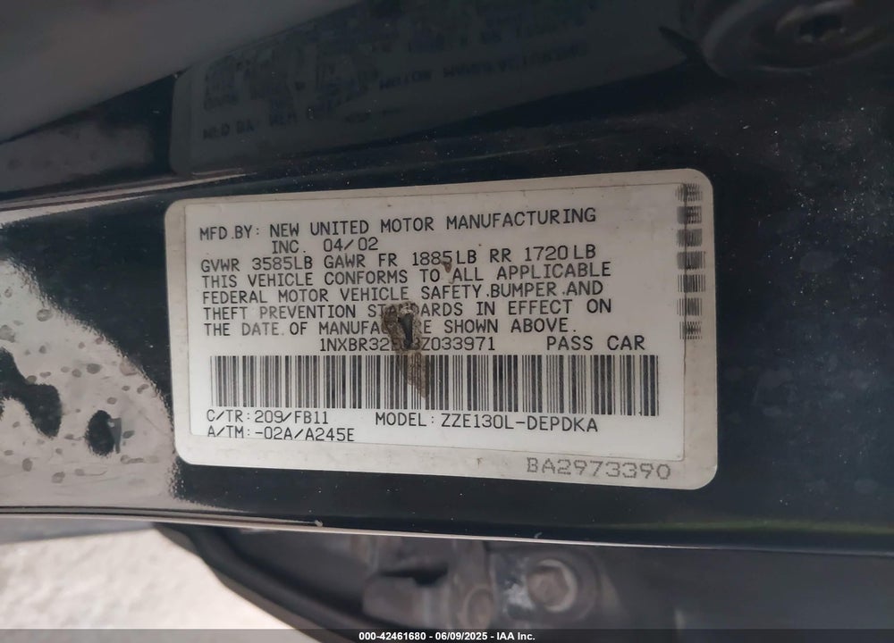 2003 TOYOTA COROLLA CE VIN: 1NXBR32E03Z033971