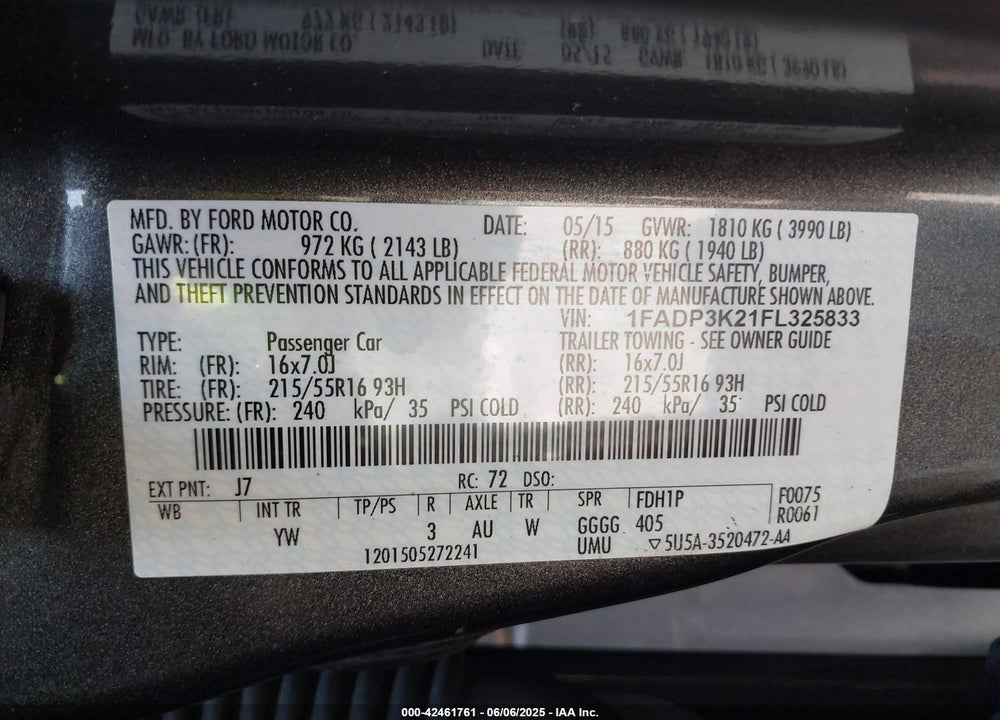2015 FORD FOCUS SE VIN: 1FADP3K21FL325833