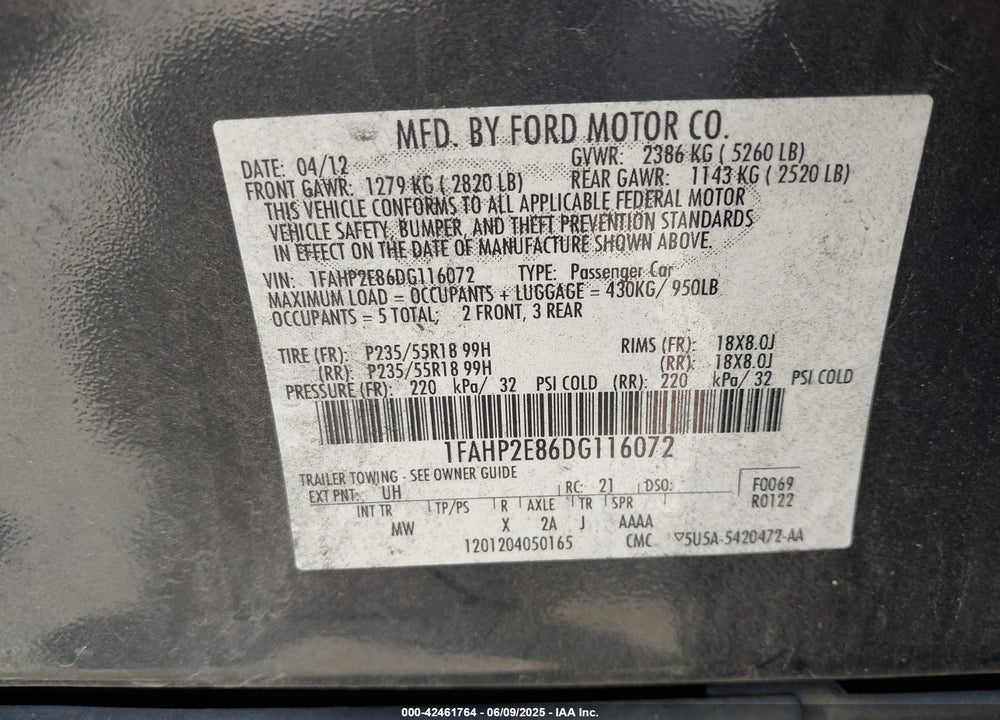 2013 FORD TAURUS VIN: 1FAHP2E86DG116072