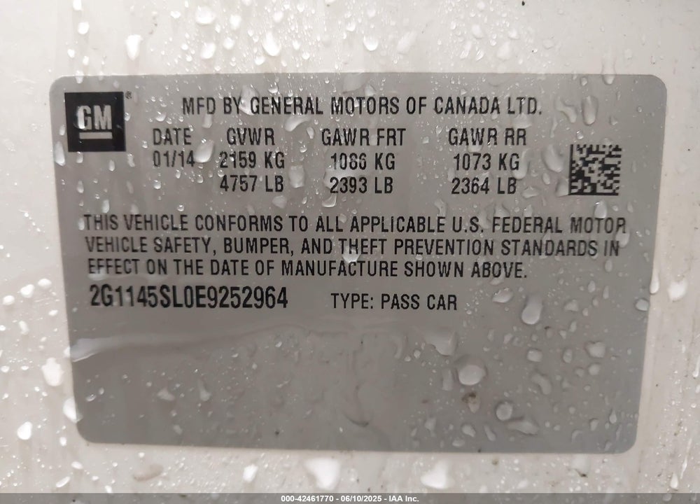 2014 CHEVROLET IMPALA VIN: 2G1145SL0E9252964