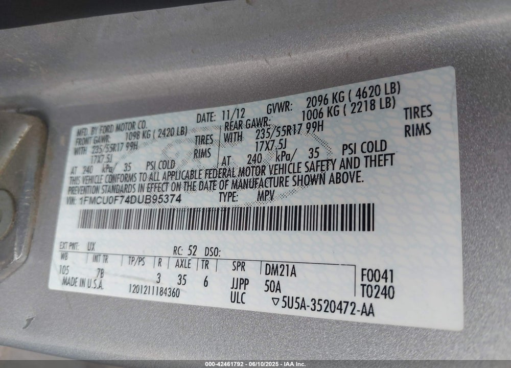 2013 FORD ESCAPE S VIN: 1FMCU0F74DUB95374