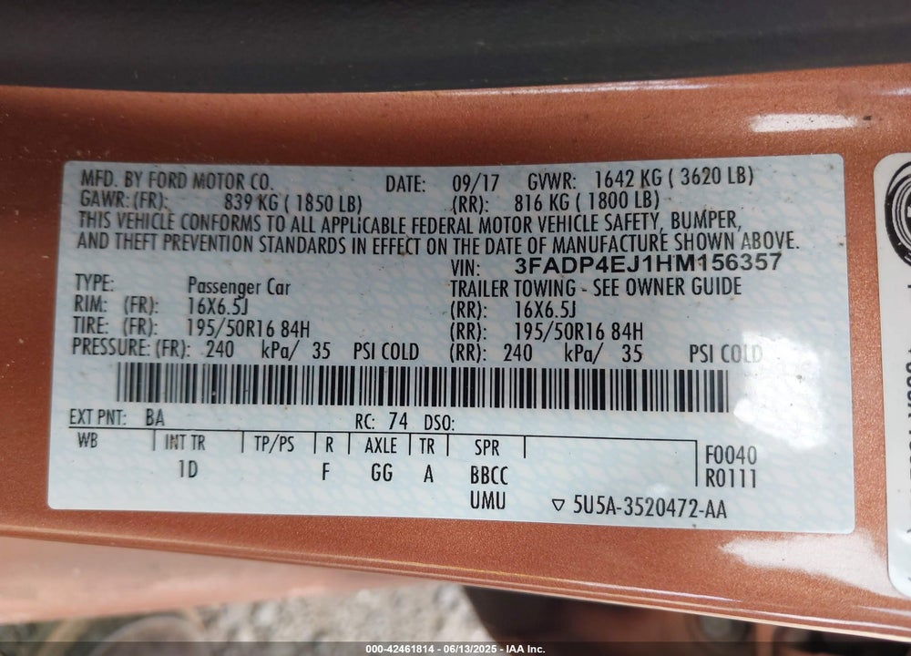 2017 FORD FIESTA VIN: 3FADP4EJ1HM156357