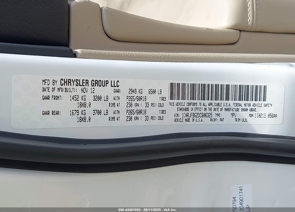 2013 JEEP GRAND CHEROKEE VIN: 1C4RJFBG2DC606325