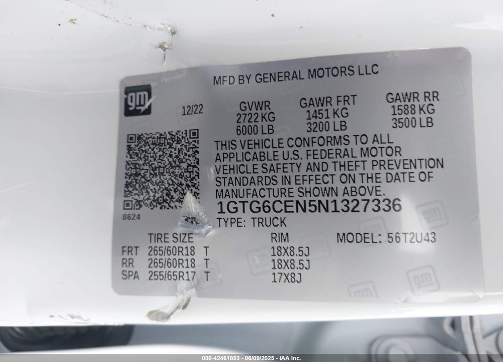 2022 GMC CANYON 4WD LONG BOX ELEVATION VIN: 1GTG6CEN5N1327336