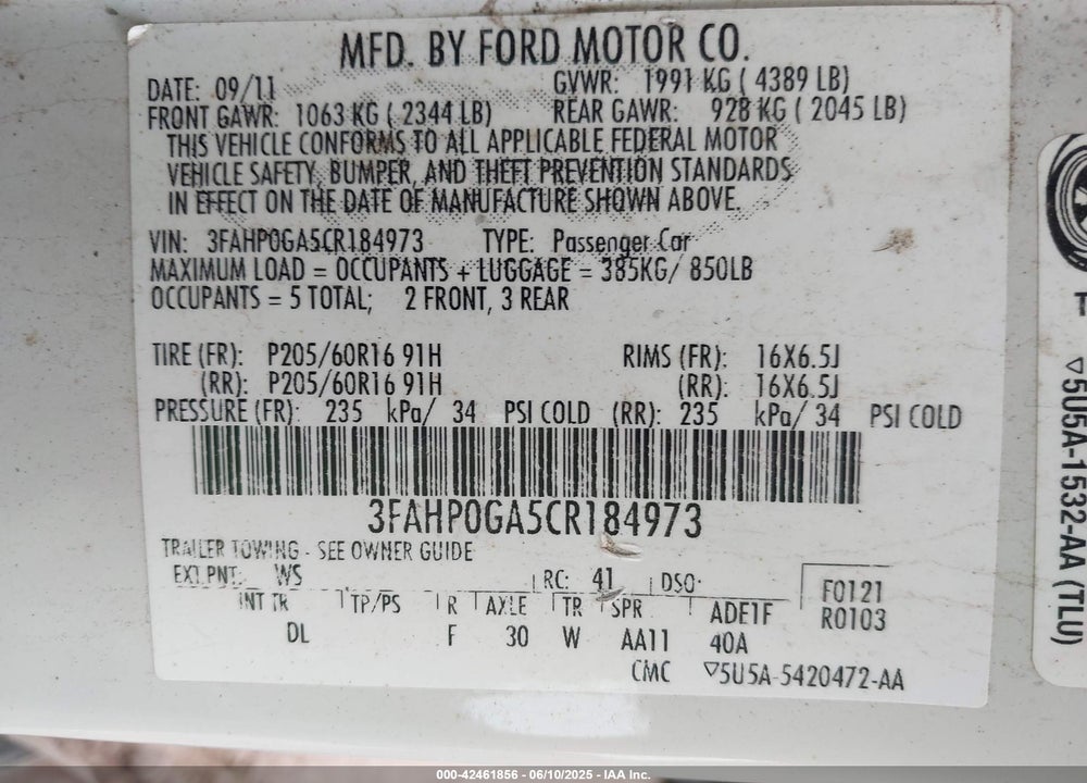 2012 FORD FUSION S VIN: 3FAHP0GA5CR184973