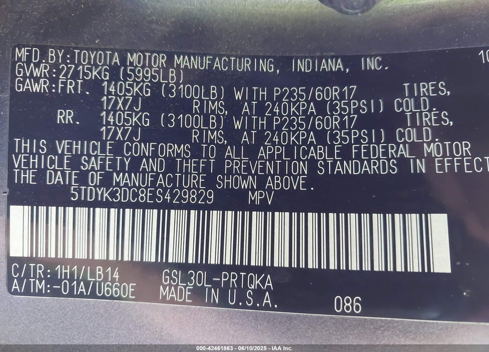 2014 TOYOTA SIENNA XLE V6 8 PASSENGER VIN: 5TDYK3DC8ES429829