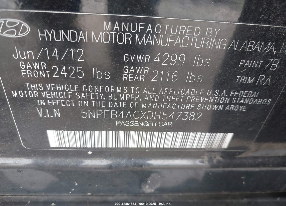 2013 HYUNDAI SONATA VIN: 5NPEB4ACXDH547382