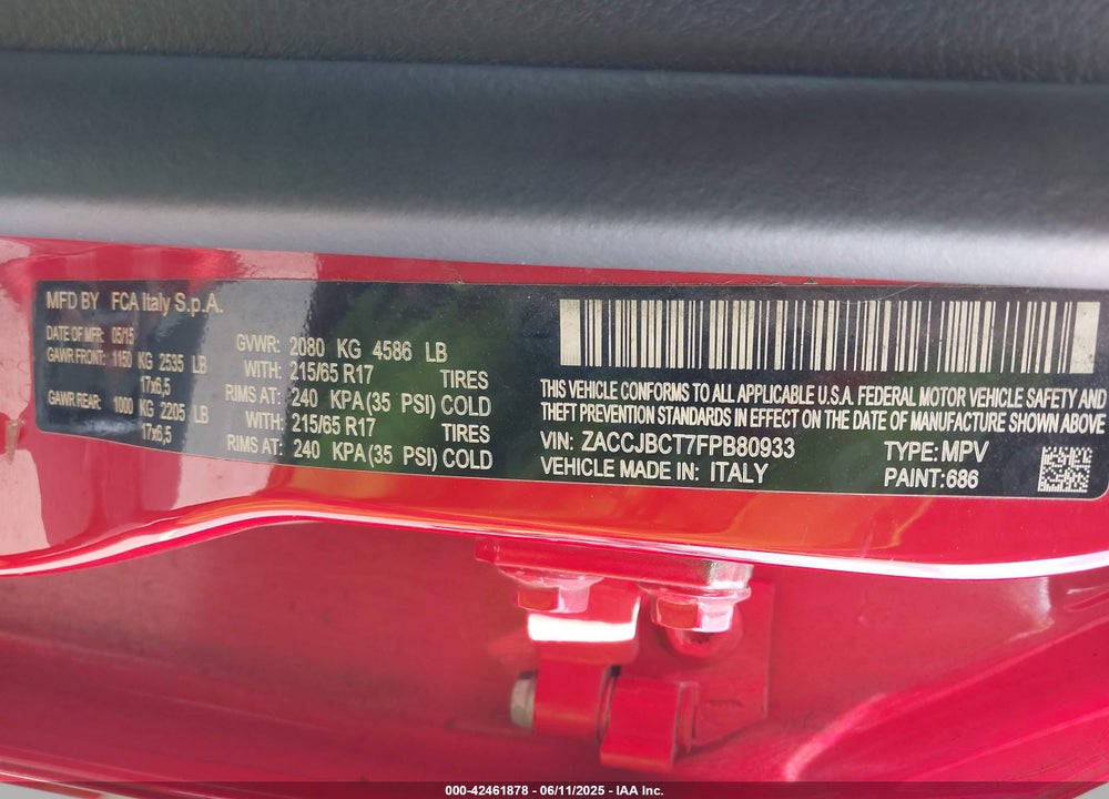 2015 JEEP RENEGADE VIN: ZACCJBCT7FPB80933