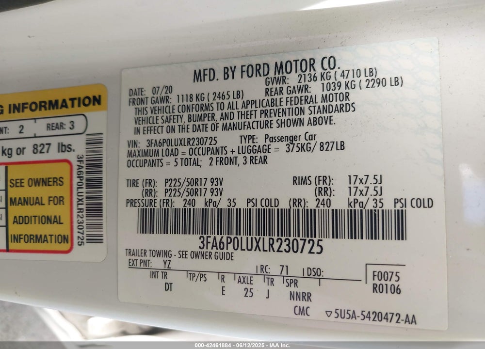 2020 FORD FUSION VIN: 3FA6P0LUXLR230725