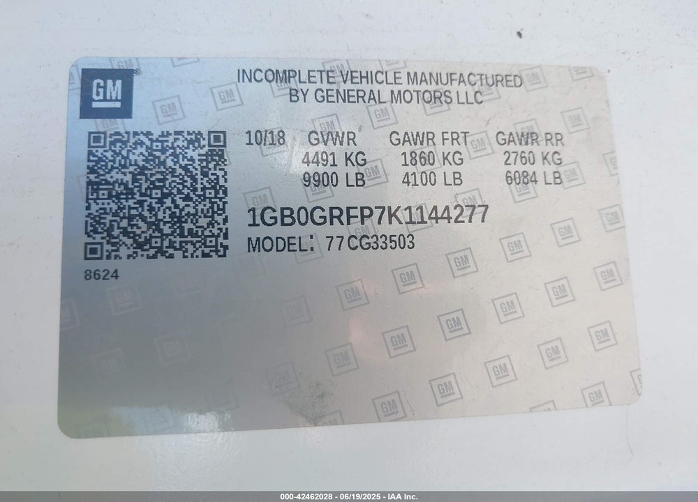 2019 CHEVROLET EXPRESS CUTAWAY VIN: 1GB0GRFP7K1144277