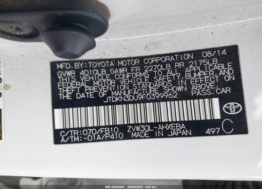 2015 TOYOTA PRIUS VIN: JTDKN3DU9F0399962