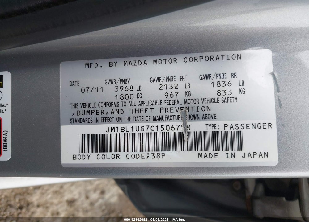 2012 MAZDA 3 I SPORT VIN: JM1BL1UG7C1506758