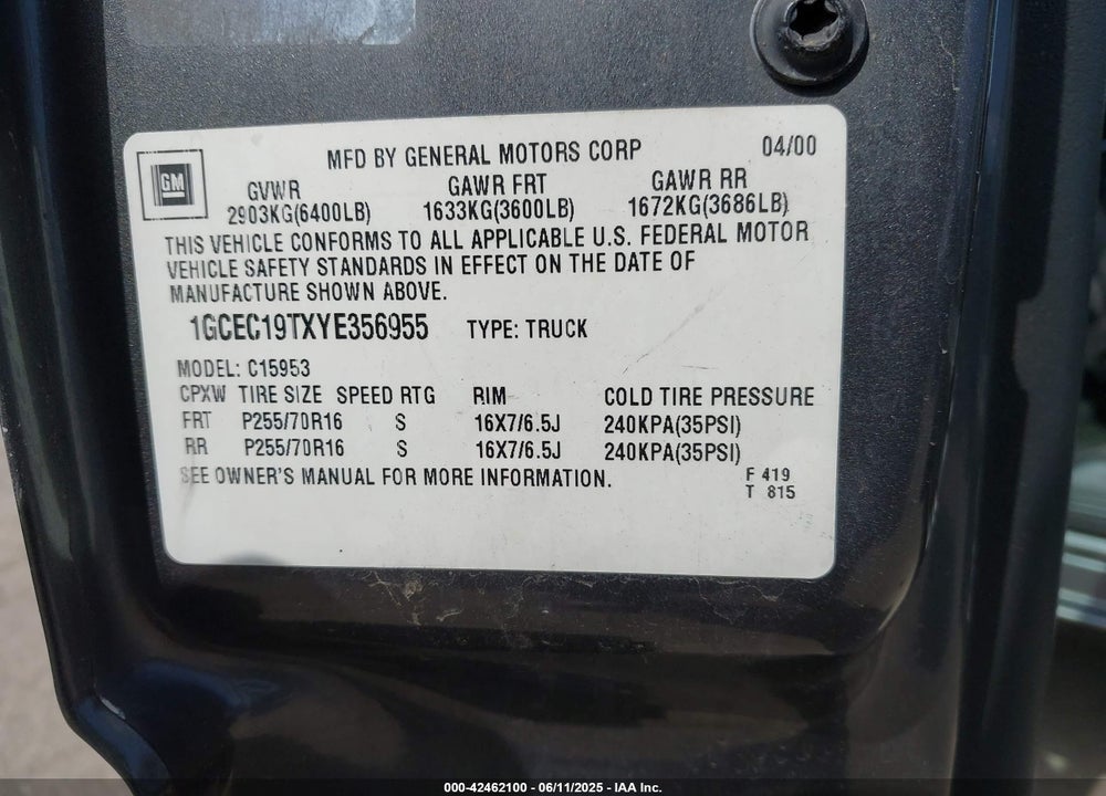 2000 CHEVROLET SILVERADO 1500 LS VIN: 1GCEC19TXYE356955