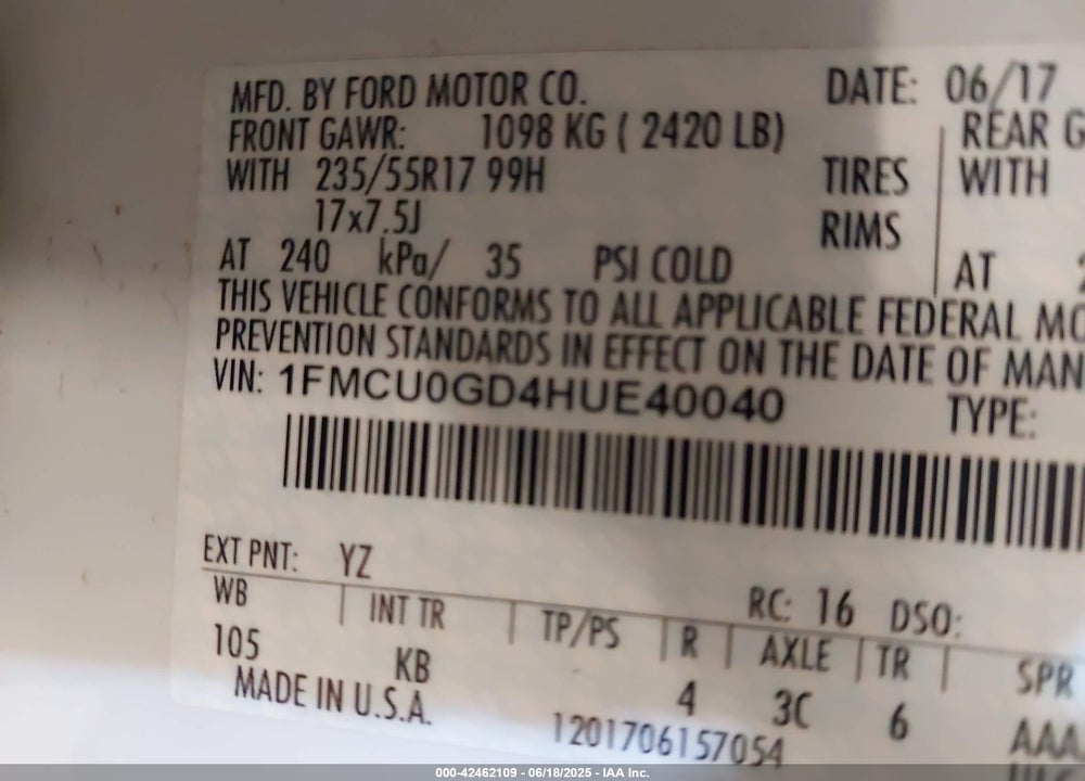 2017 FORD ESCAPE SE VIN: 1FMCU0GD4HUE40040